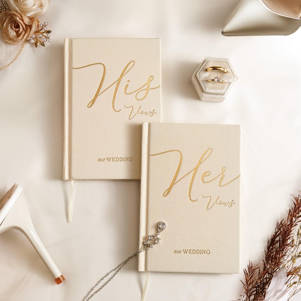 Vow Books His and Hers 2 Pack - 6 x 4 Inch Linen Hardcover Wedding Vow Books with Gold Foil