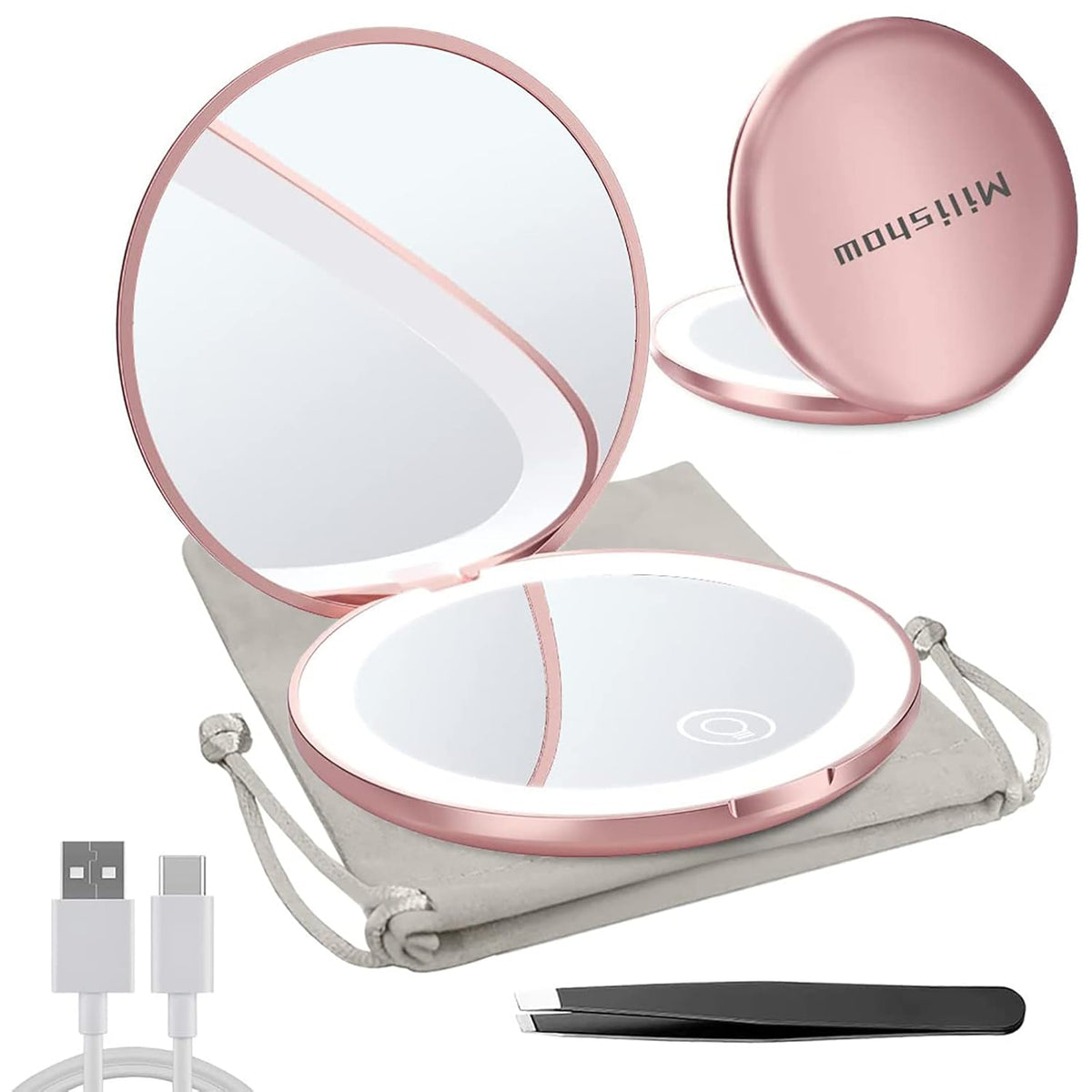 Compact Mirror with LED Light,1x/10x Magnifying Rechargeable Mirror,3.5in, Dimmable Travel Mirror