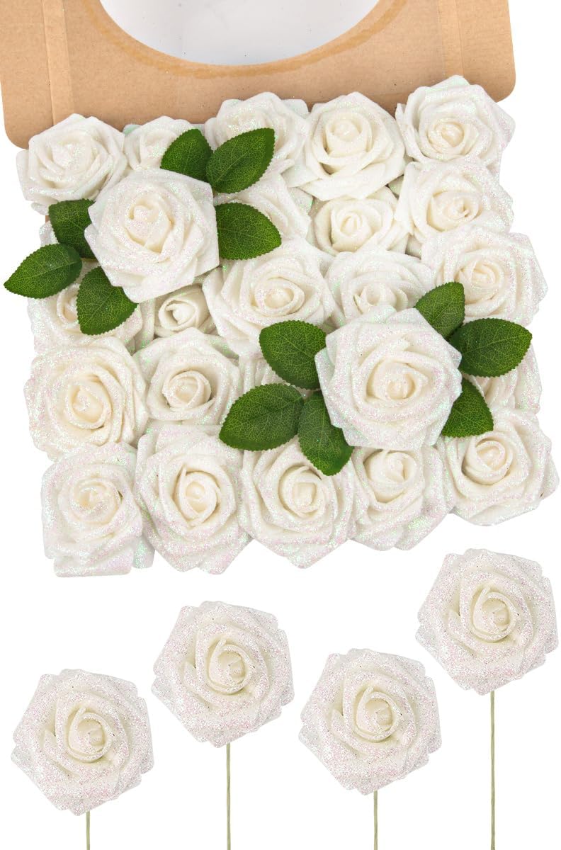 N&T NIETING Artificial Flowers Glowing White Flowers Foam 50pcs Glitter Roses Real Looking Fake