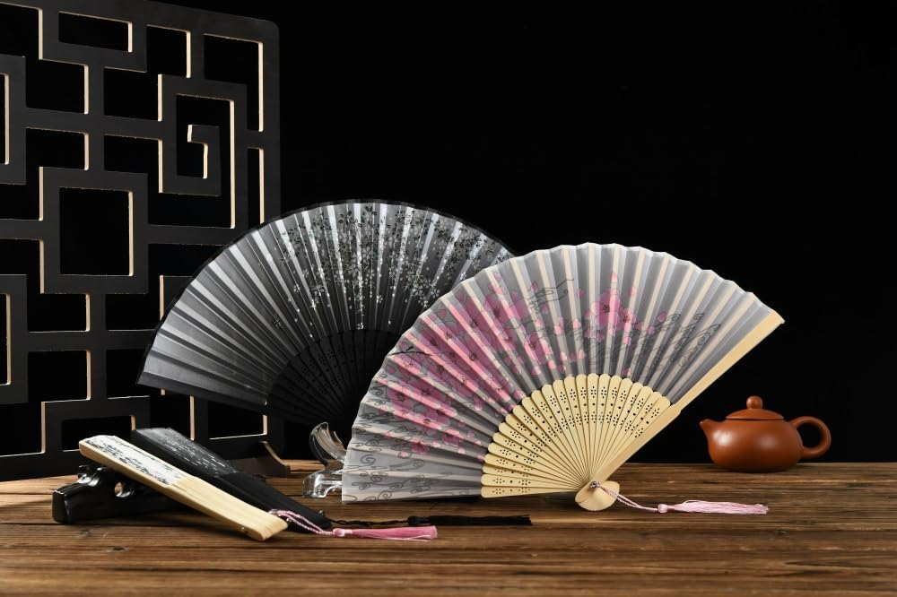 HUNANBANG 4 Pieces Oriental Bamboo Folding Hand Fans Church Wedding Gift, Party Favors, DIY