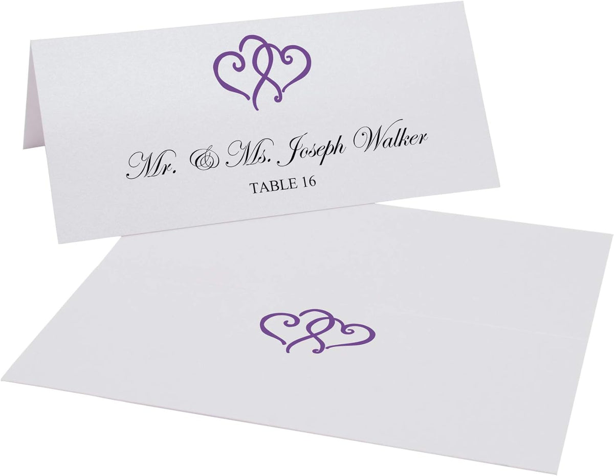 Linked Hearts Place Cards, Purple (Choose Color), Set of 150, Pre-cut and Scored - Wedding, Party