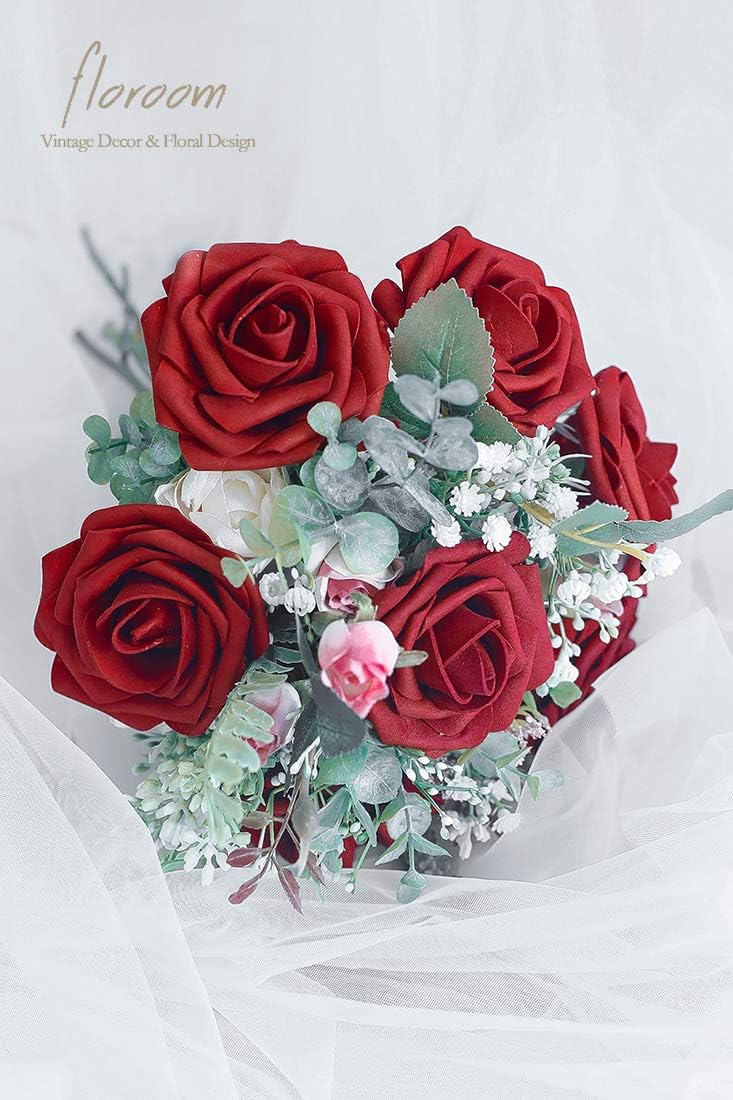 Floroom Artificial Flowers 50pcs Real Looking Dark Red Foam Fake Roses with Stems for DIY Wedding
