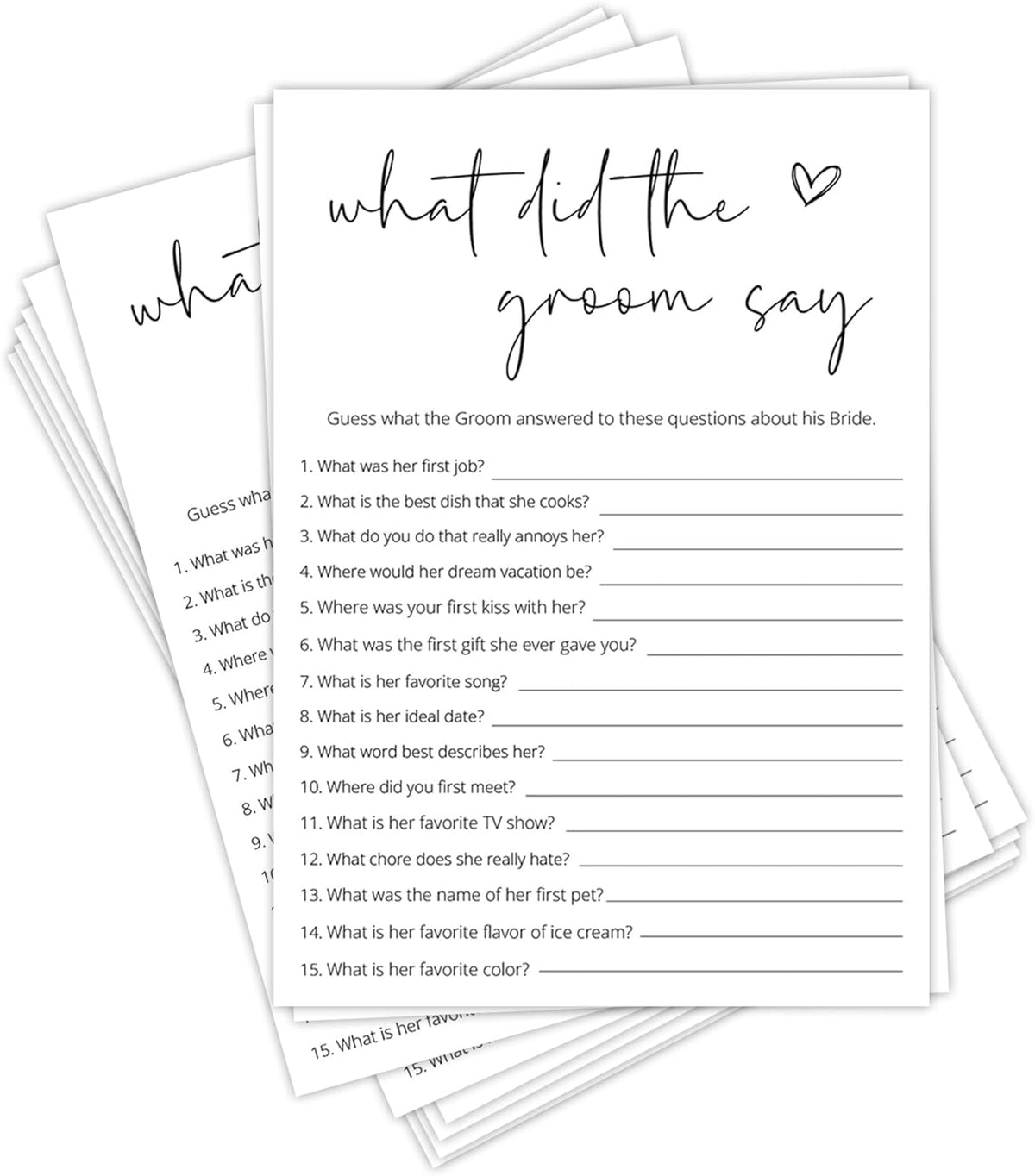 Bridal Shower Games, What Did The Groom Say, 25Pcs Minimalist White Double-Sided Bridal Game Cards