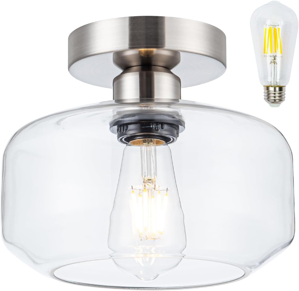 Semi Flush Mount Ceiling Light Fixture - Clear Glass & Brushed Nickel Base with 900 Lumen LED