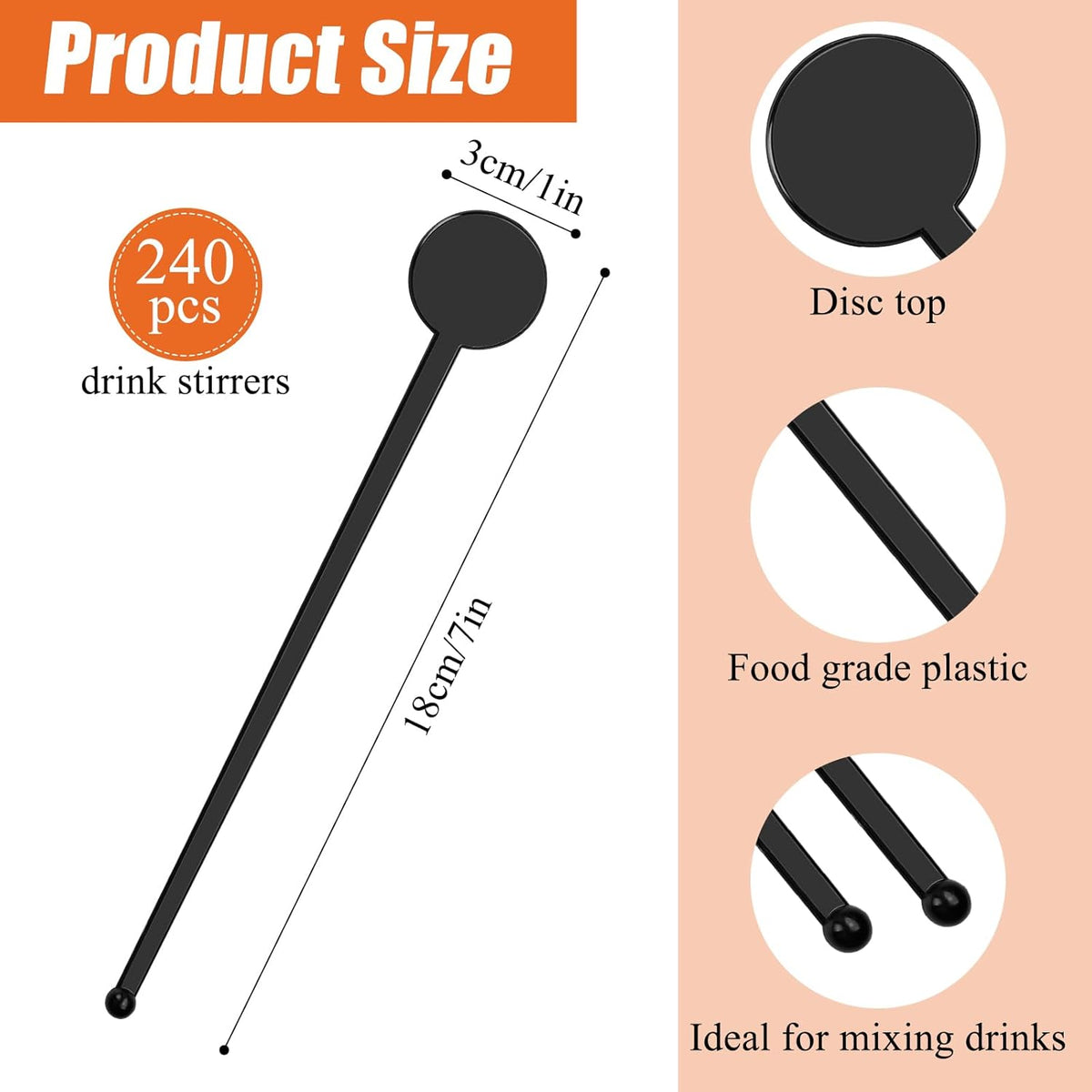 240Pcs Drink Stirrers Cocktail, 7 Inches Disposible Plastic Swizzle Sticks with Disc Top, Mixing