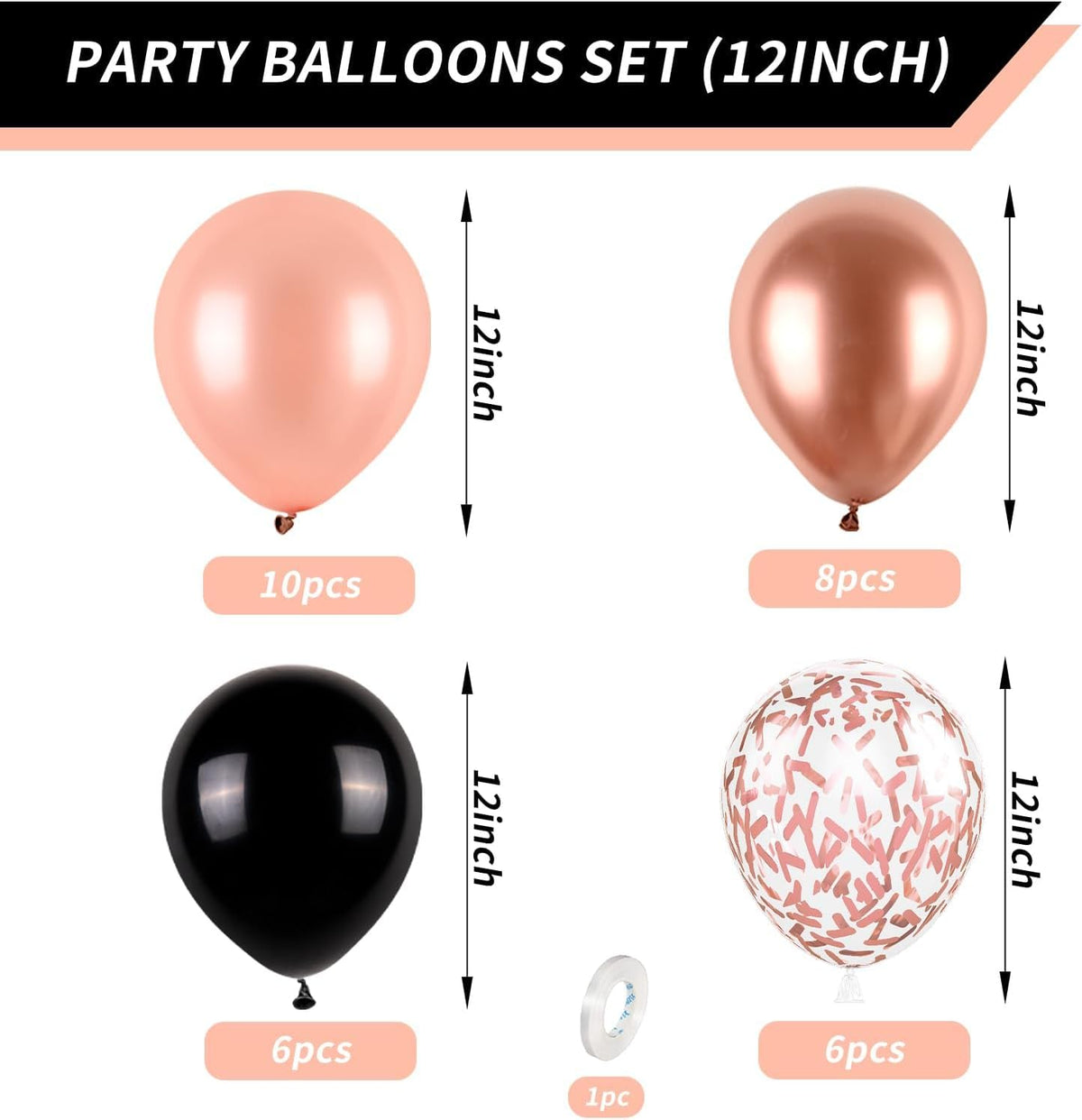 Rose Gold and Black Balloons Set, 12 inch Metallic Rose Gold Balloons Pearl Rose Gold Confetti