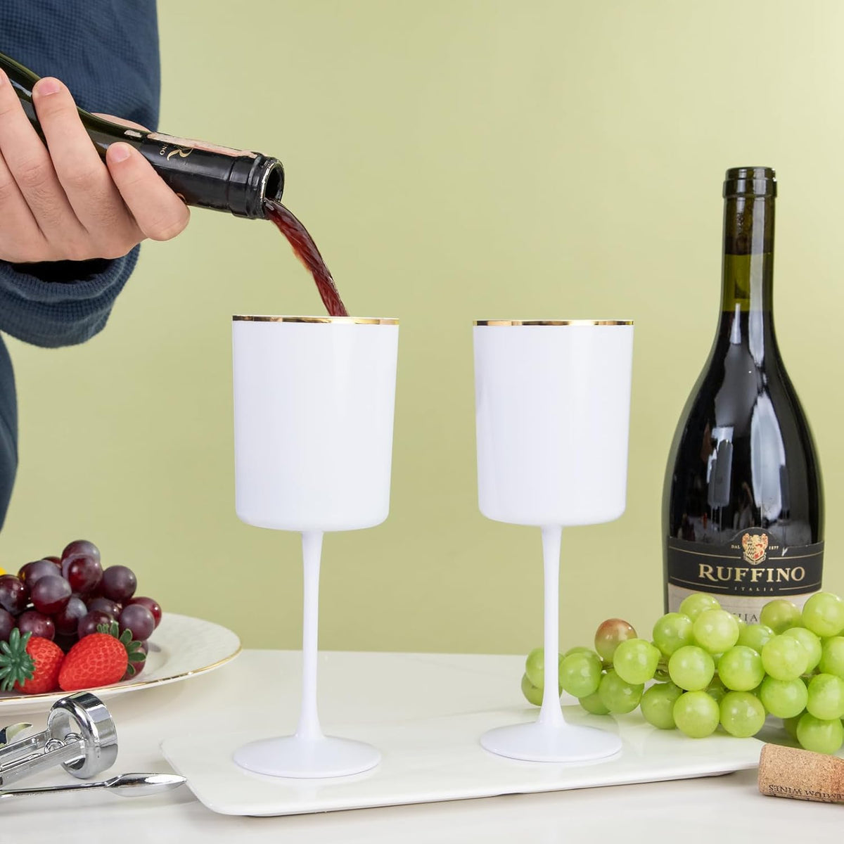 Ciaell 12 Pack White Plastic Wine Glasses with Stem - 10 Oz White and Gold Disposable Wine Glasses