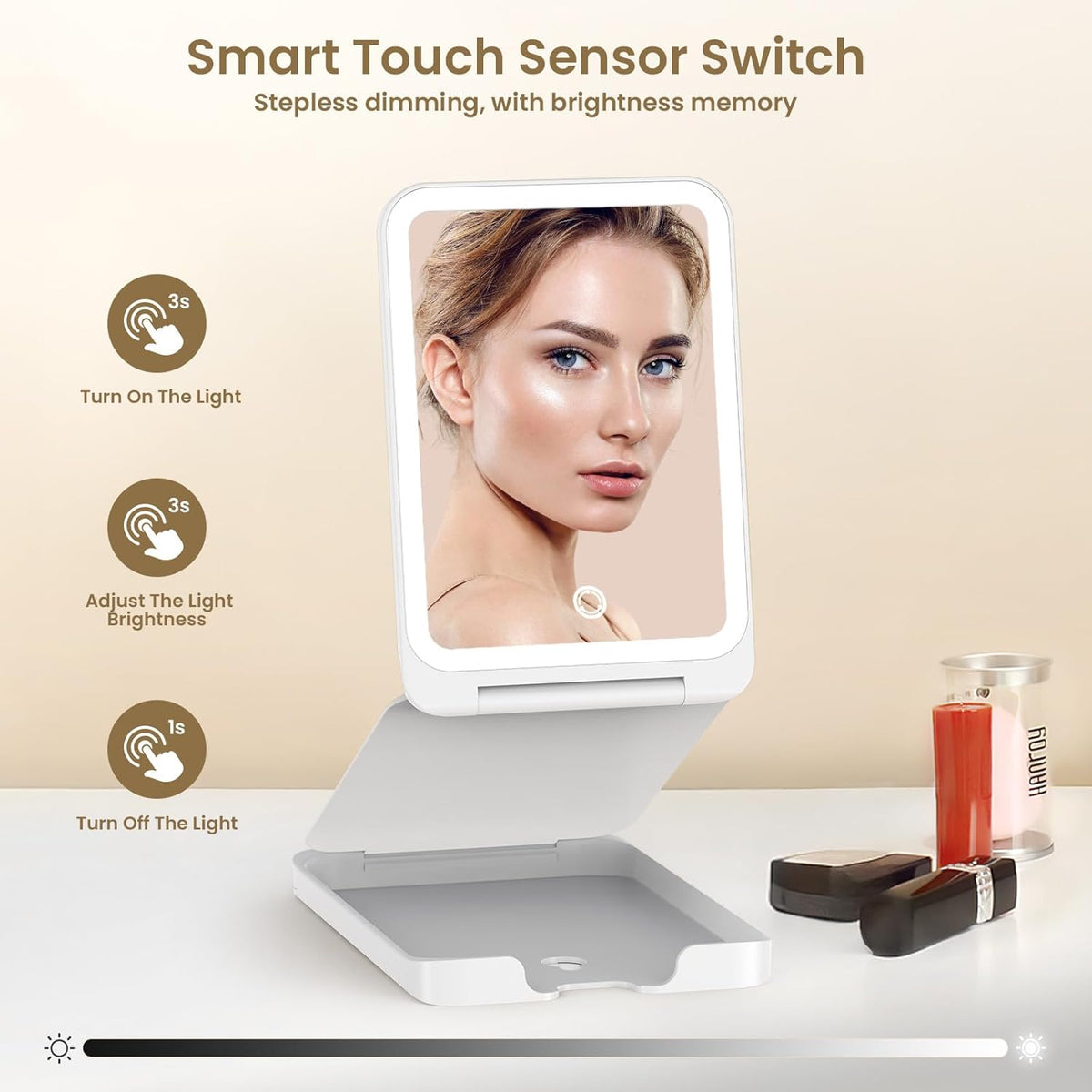 Travel Makeup Mirror with Lights, Foldable 1X Vanity Lighted Mirror with 10X Magnification