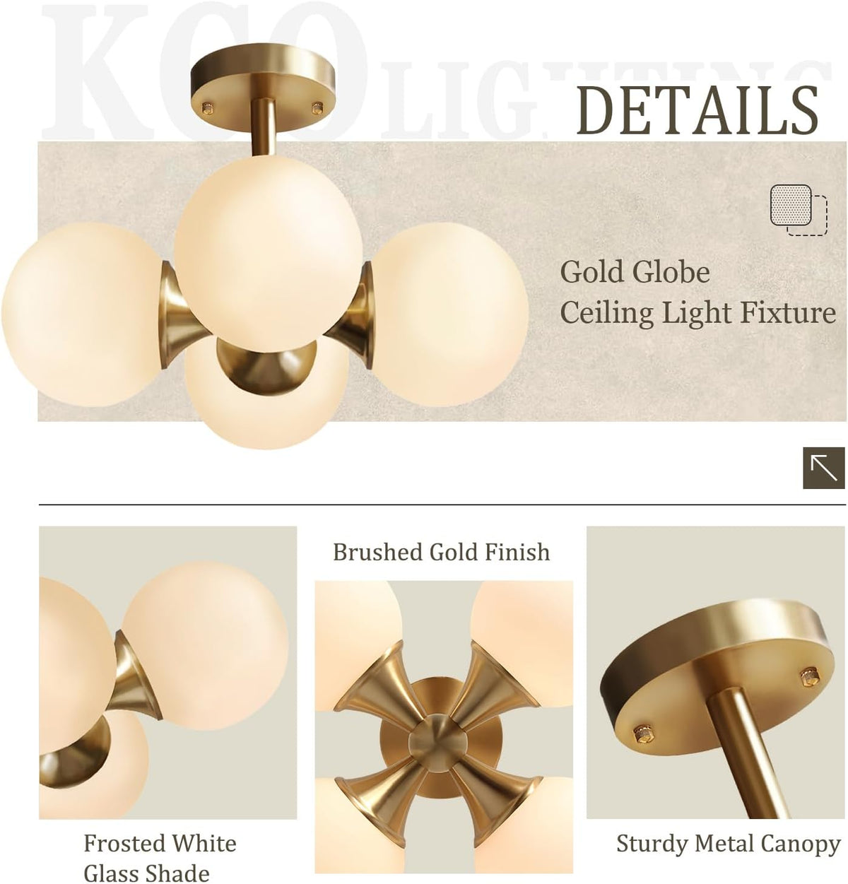 KCO Lighting Antique Brass 4-Light Ceiling Light Mid-Century Frosted Glass Globe Chandelier Modern