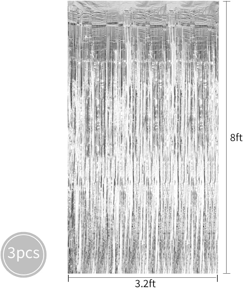 3Pcs Silver Metallic Tinsel Foil Fringe Curtains,3.2ft*8ft Silver Photo Booth Backdrop Streamer