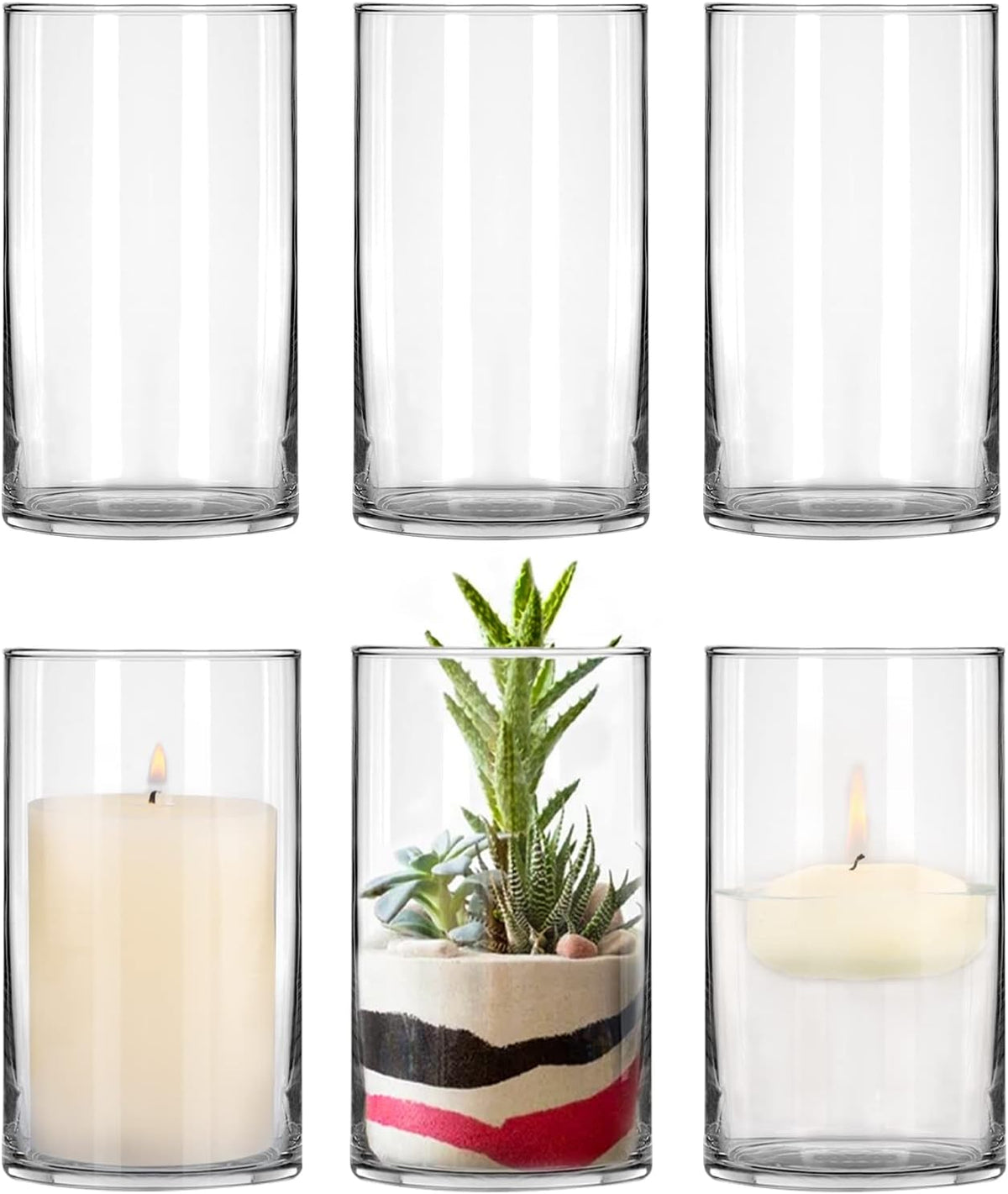 6 Pack Clear Glass Cylinder Vases, 6 Inch Flowers Vase, Floating Candle Holder for Table