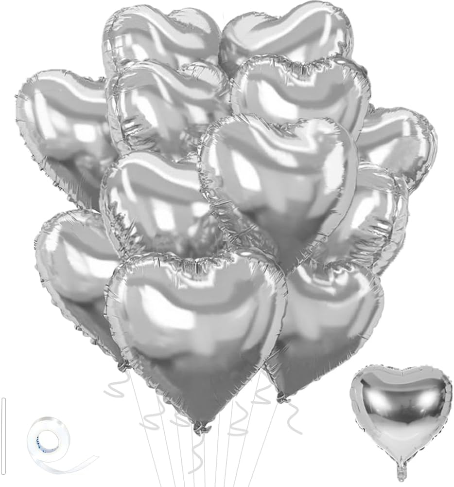 Silver Heart Balloons,18inch Bright Silver Heart Shaped Foil Balloons 12Pcs Helium Mylar Balloon