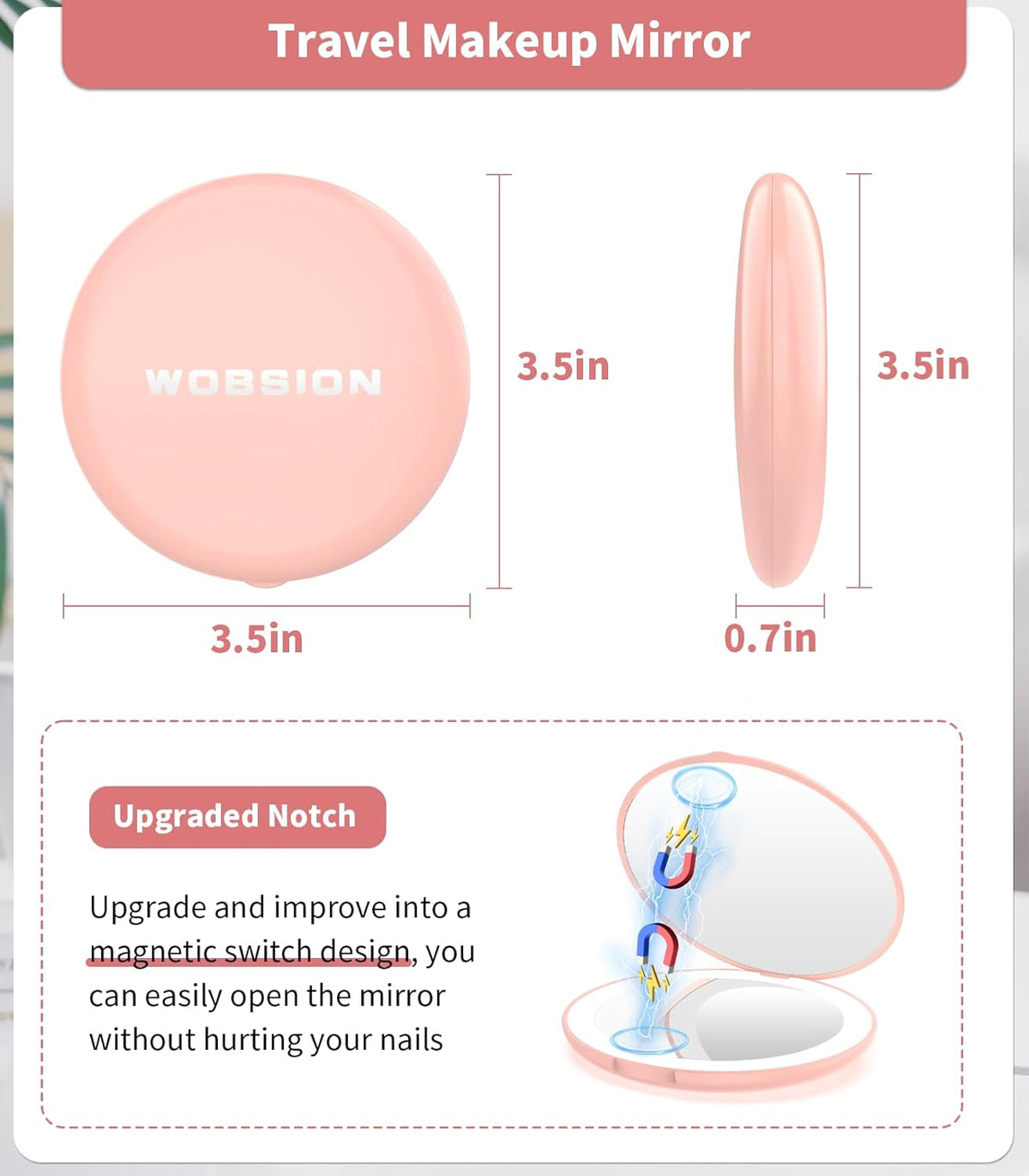 Wobsion Compact Travel Mirror - 1x/10x Magnification, Handheld 2-Sided, Perfect for Purses &