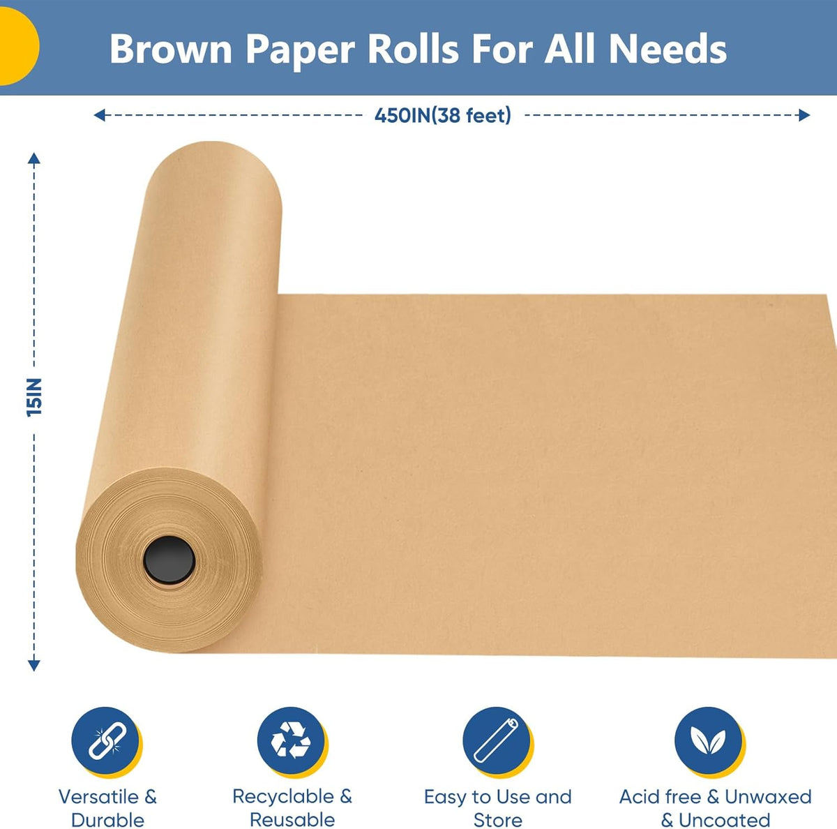 Brown Wrapping Paper, Kraft Paper Roll, Craft Decorative Paper 15" x 450", Packing Paper for Moving