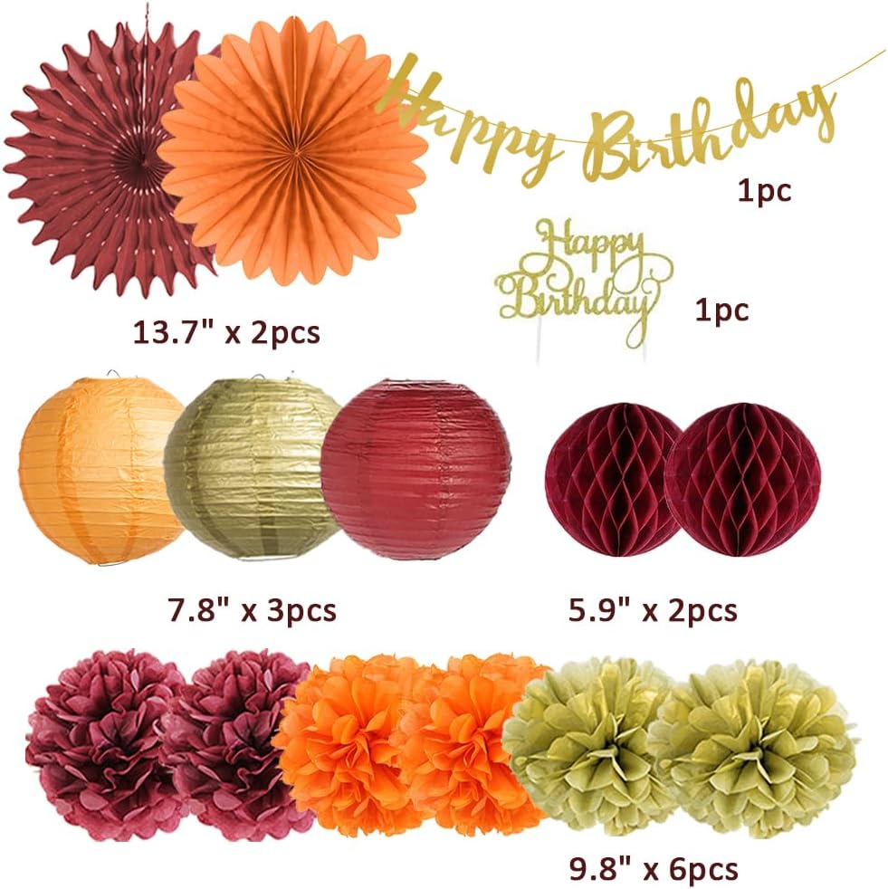 Fall Birthday Decorations Burgundy and Orange Party Decorations Pom Poms Flowers Paper Lanterns