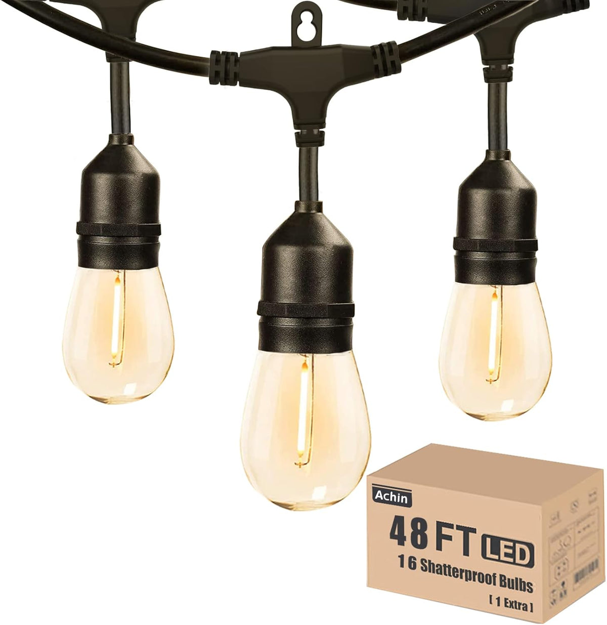Achin Outdoor String Lights 48FT Dimmable Warm 2200K LED Patio Lights Outdoor Waterproof with 16