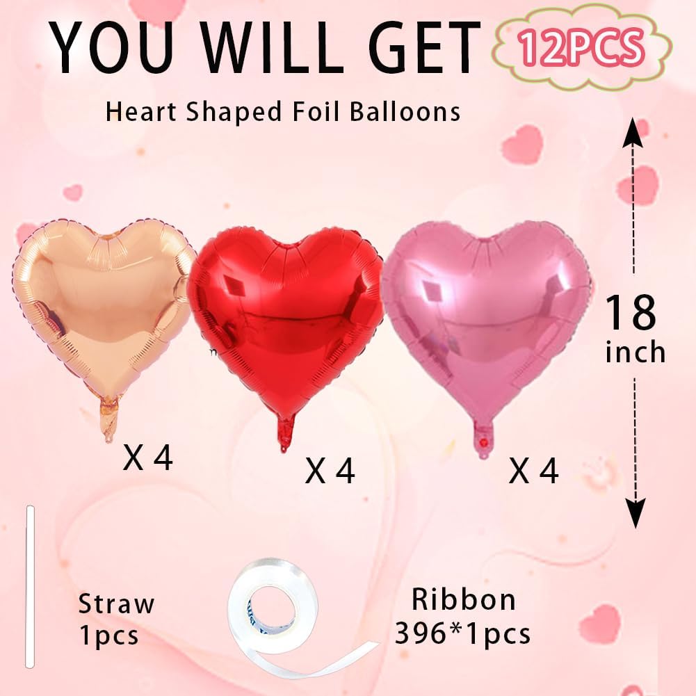 Rose Gold & Red Heart Balloons，18 Inch Light Pink Foil Love Heart Shaped Balloons for Anniversary