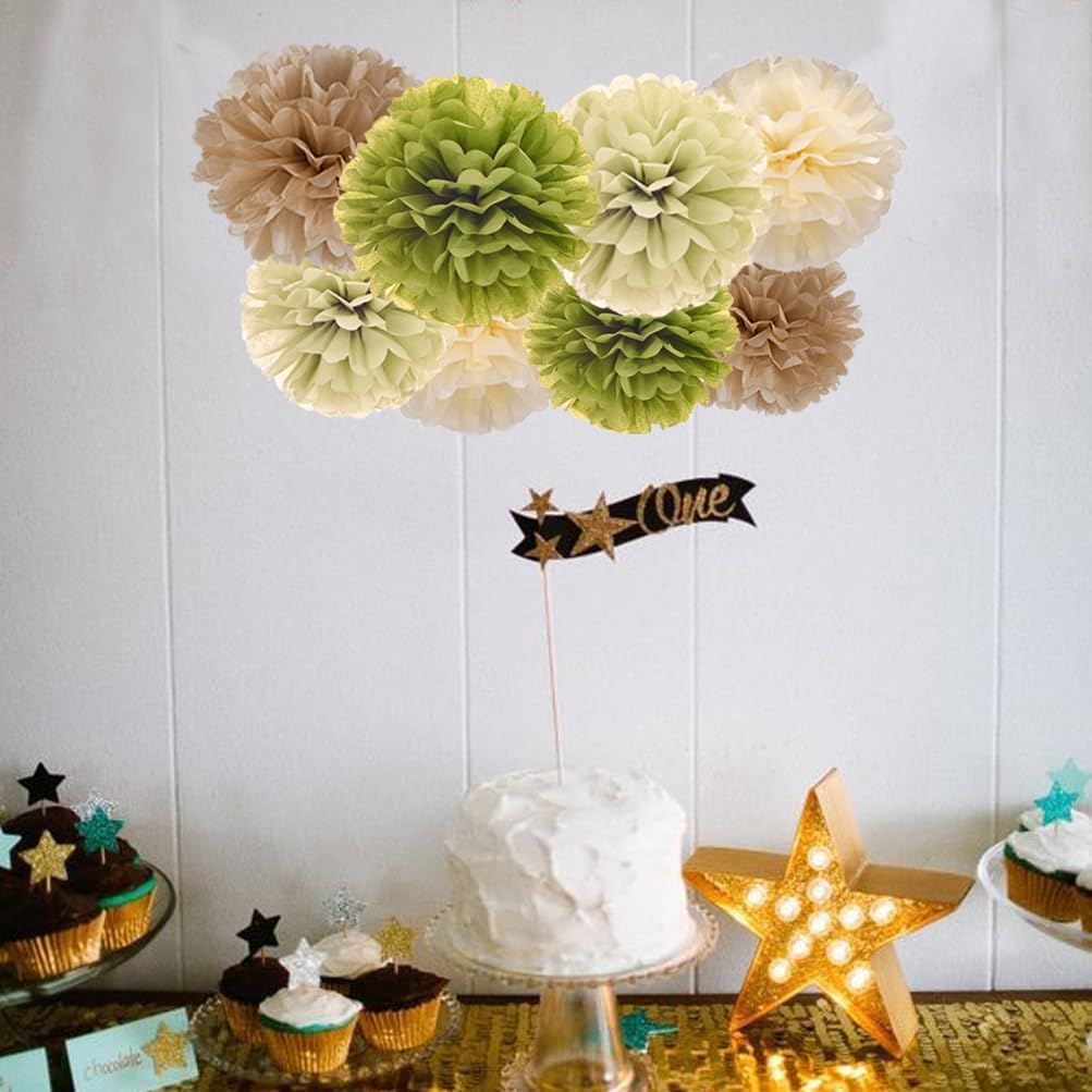 Sage Green Olive Ivory and Champagne Tan Tissue Paper Pom Poms Flower for Baby Shower Spring Summer
