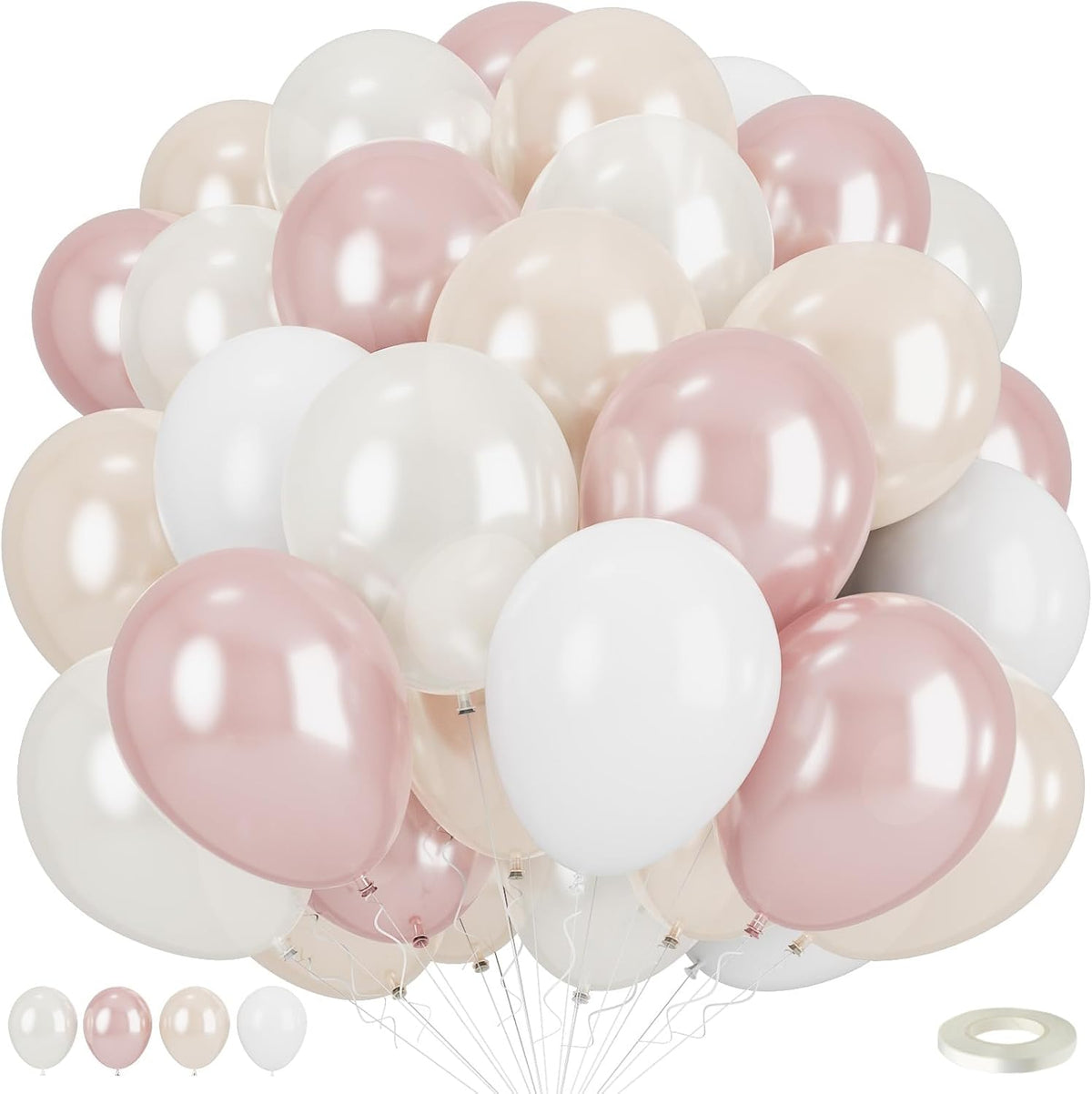 Double Stuffed Pearl White and Pink Balloons, 50pcs Double Stuffed Pearl Sand White Dusty Retro