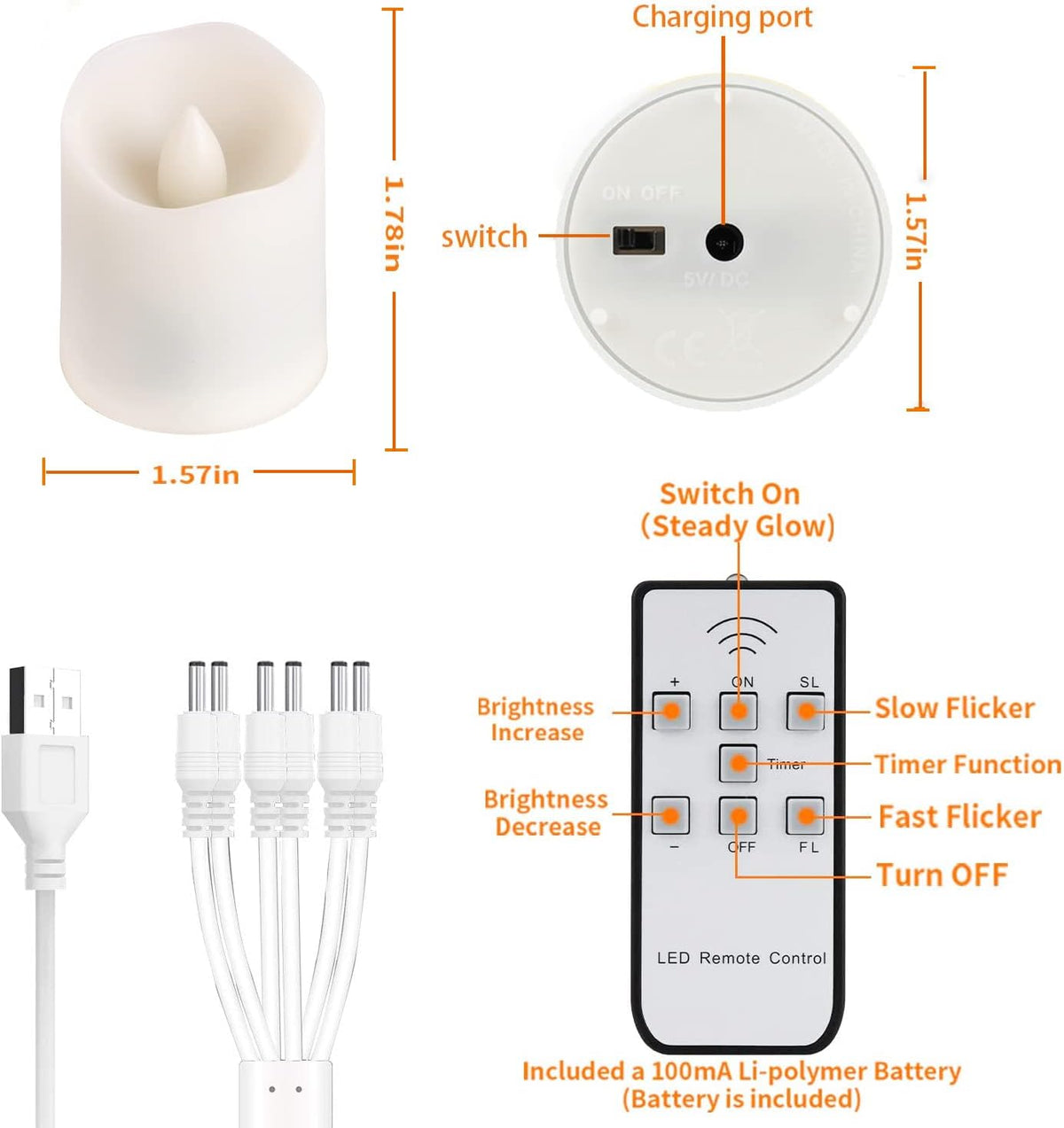 FREEPOWER Rechargeable Flameless Flickering Tea Light Candles Remote Control High Brightness Votive