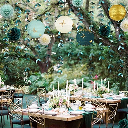 Hunter Green and Gold Hanging Tissue Lantern Flowers Pom Pom with 3D Butterflies Leaf Garland
