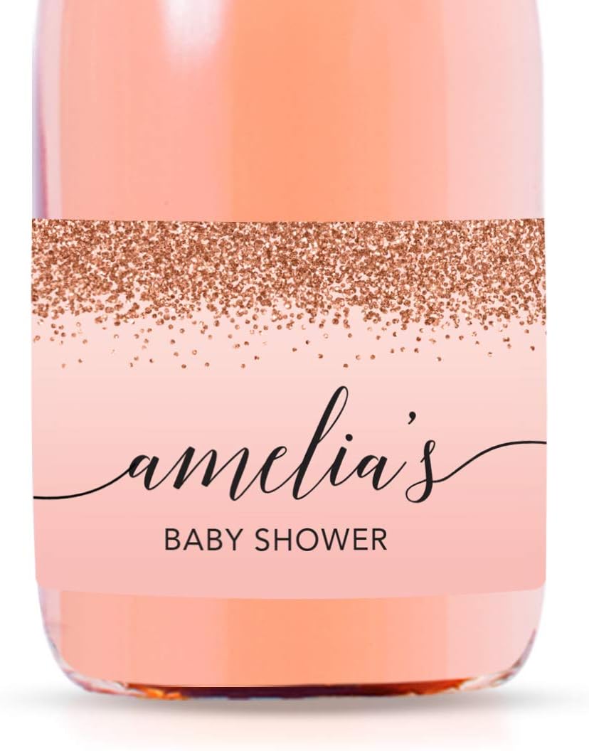 Andaz Press Personalized Mini Champagne Wine Bottle Labels, Amelia's Baby Shower, Blush Pink Faux
