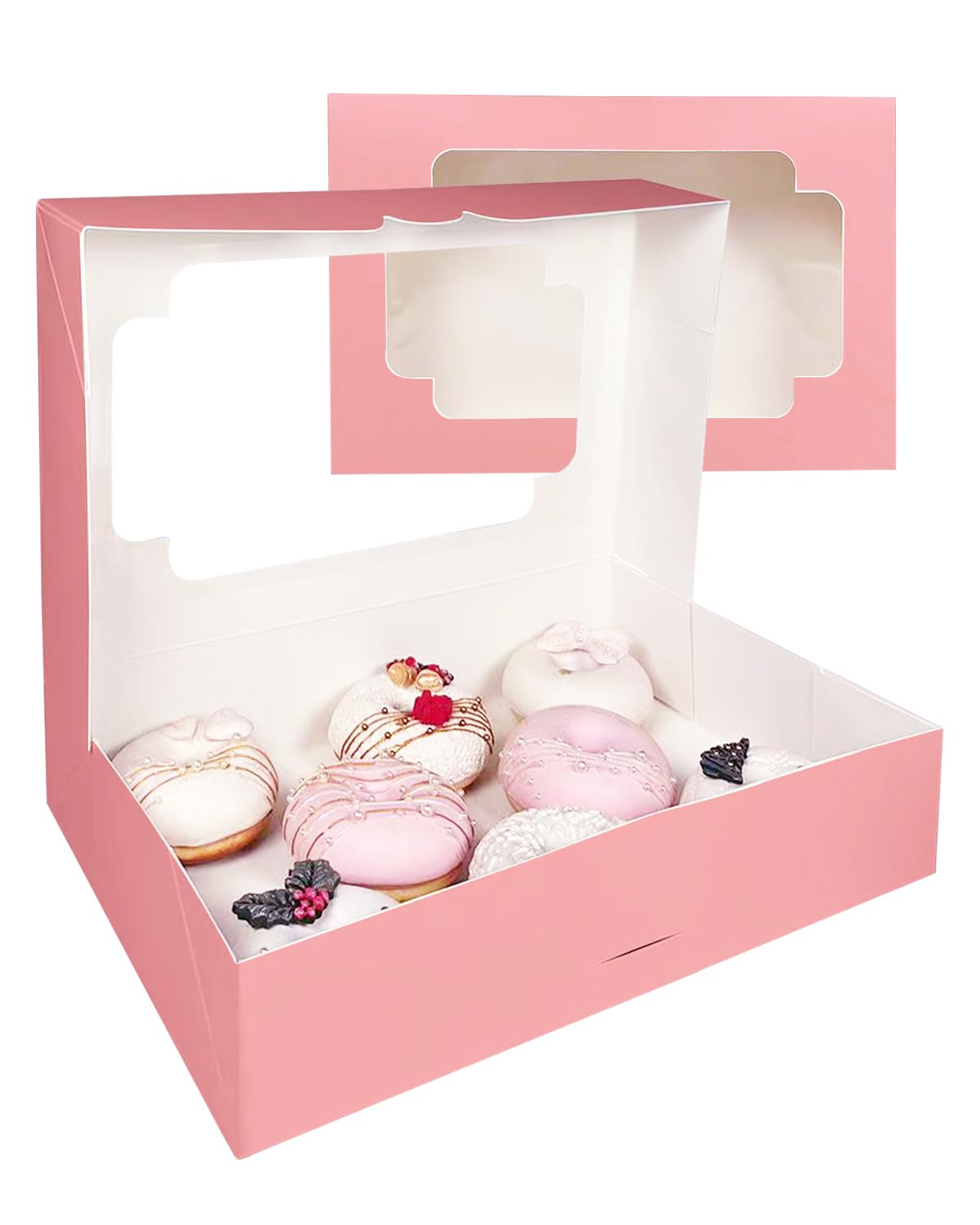 qiqee Auto-pop up Pink Cookie Box with Window 12x8x2.5 inch 32 Packs Two Uses One Second Folding