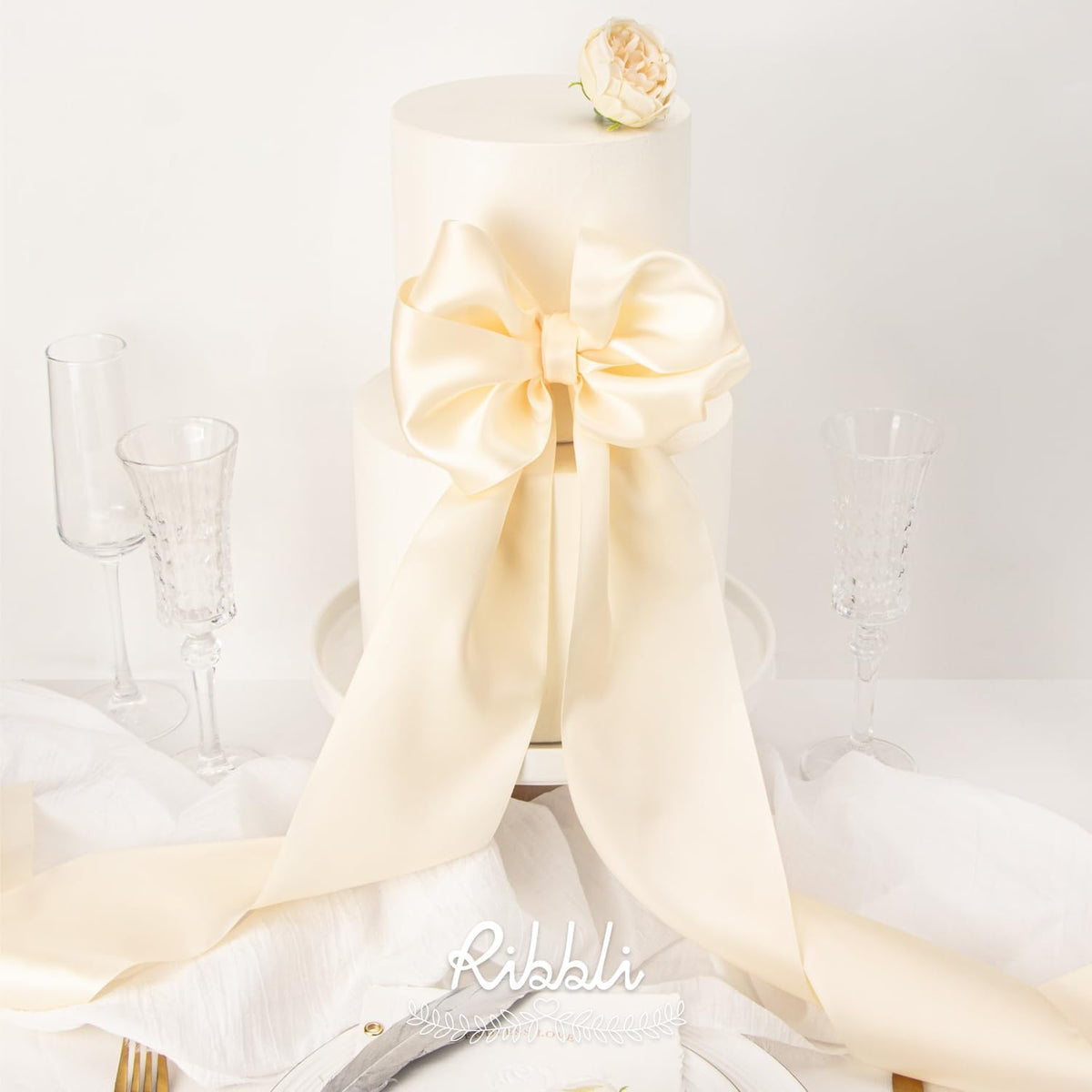 Ribbli Cream Satin Ribbon 4 Inch Wide Cream Ribbon for Wedding Chair Sash Grand Opening Ceremony