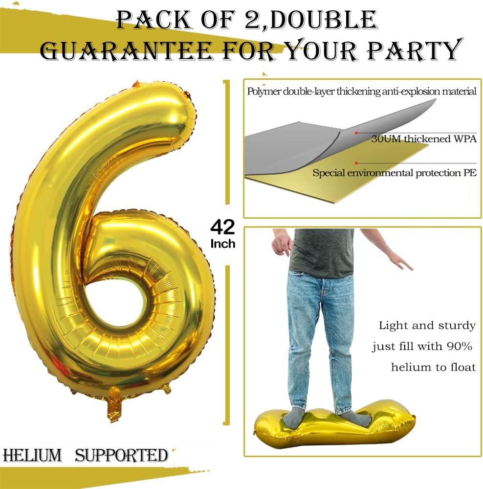 GOER Gold Foil Balloons Number 6,Huge Number Balloons for 6th 66th Birthday Party Supplies