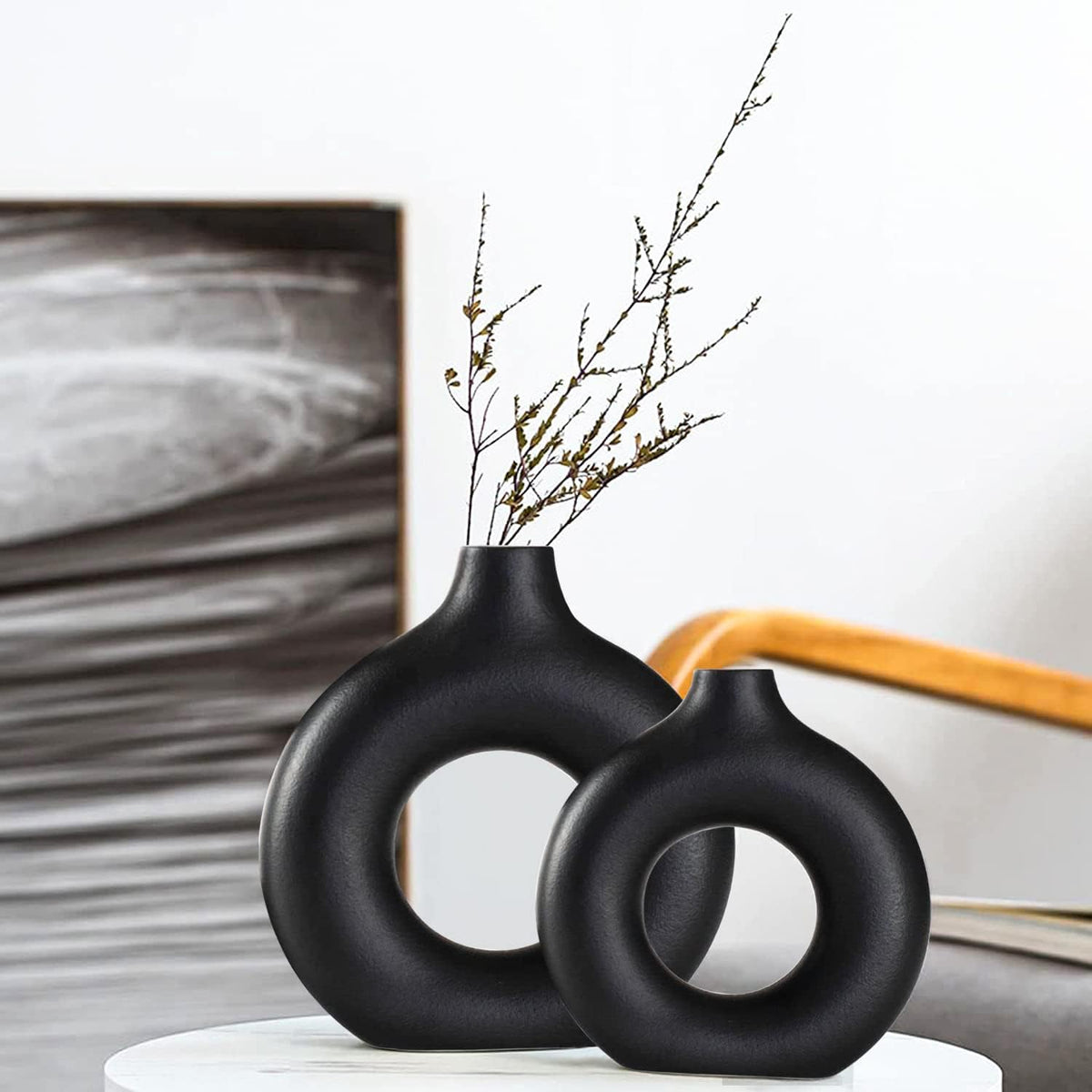 Black Ceramic Vase Set of 2 for Modern Boho Decor,Round Matte Pampas Flower Vases Minimalist Nordic