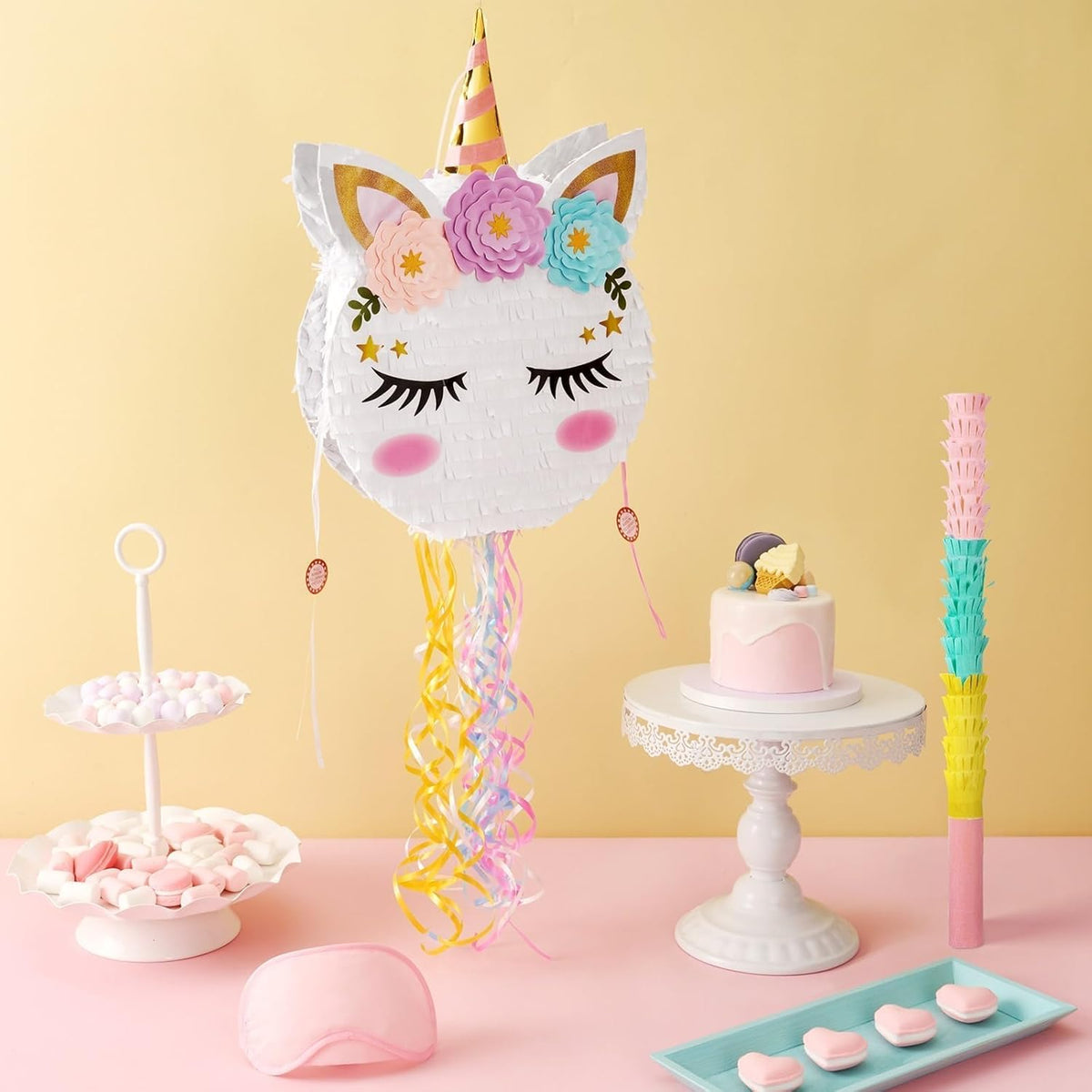 Foldable Unicorn Piñata - Unicorn Birthday Party Supplies Extendable Piñata with Blindfold Bat and