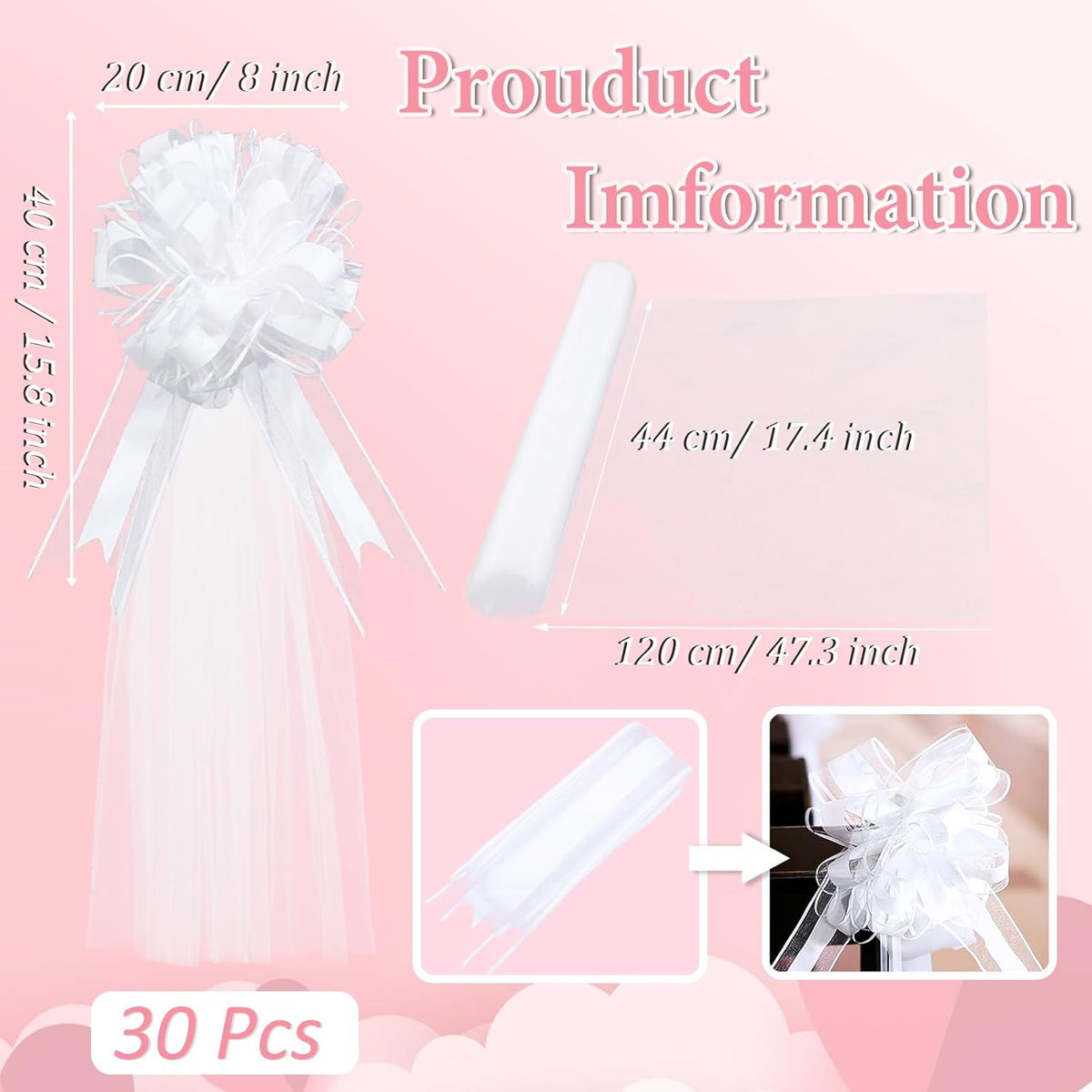30 Set Wedding Pew Bows with Long Tulle Tails Wedding Aisle Decorations Church Chair Aisle