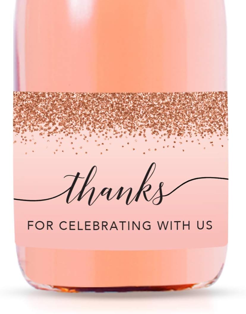 Andaz Press 20-Pack Mini Wine Labels for Bottles, Blush Pink Faux Rose Gold Glitter, Thanks for