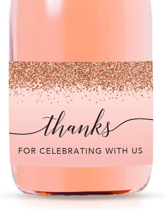 Andaz Press 20-Pack Mini Wine Labels for Bottles, Blush Pink Faux Rose Gold Glitter, Thanks for