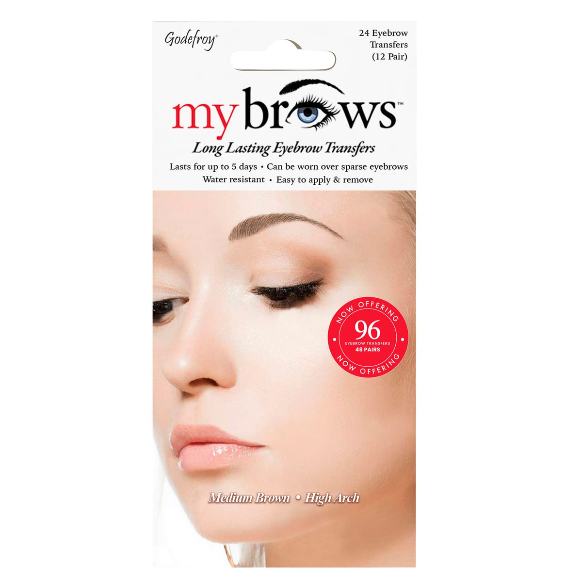 Godefroy MyBrows Long Lasting Eyebrow Transfers, High Arch, Medium Brown, 48-Pairs of Brows (96