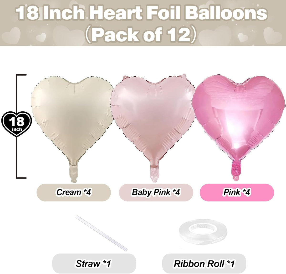 Pink White Heart Balloons, 12PCS Baby Pink Cream Heart Foil Balloons, Pastel Pink Light Pink White
