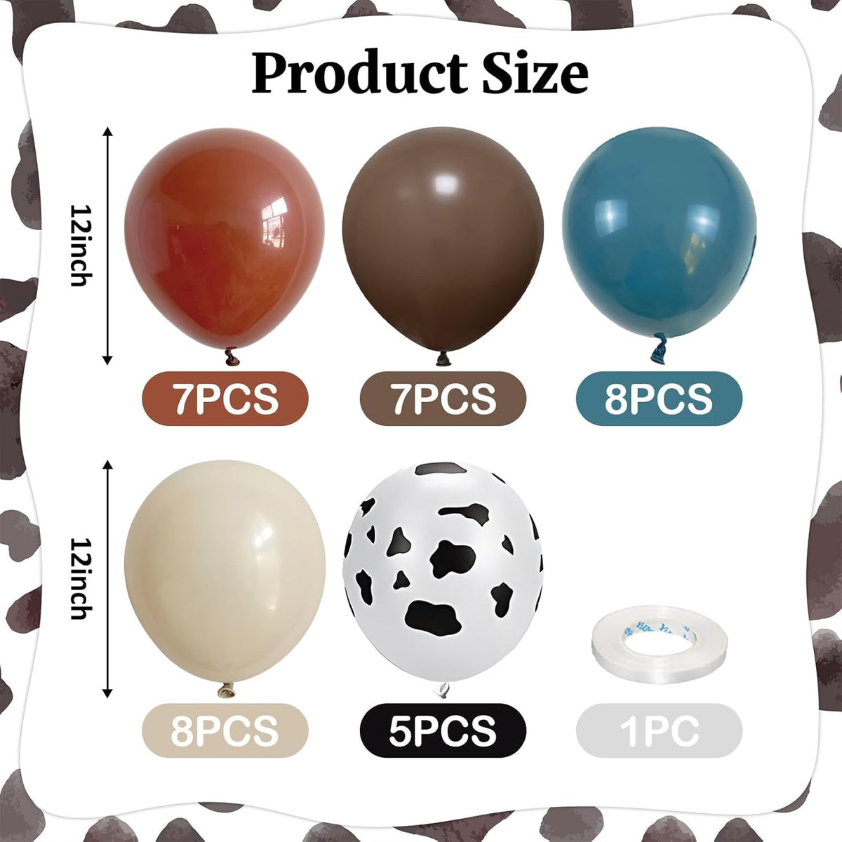 Cowboy Western Balloons, 12inch Cow Print Retro Coffee Brown Slate Dusty Blue Sand White Balloons