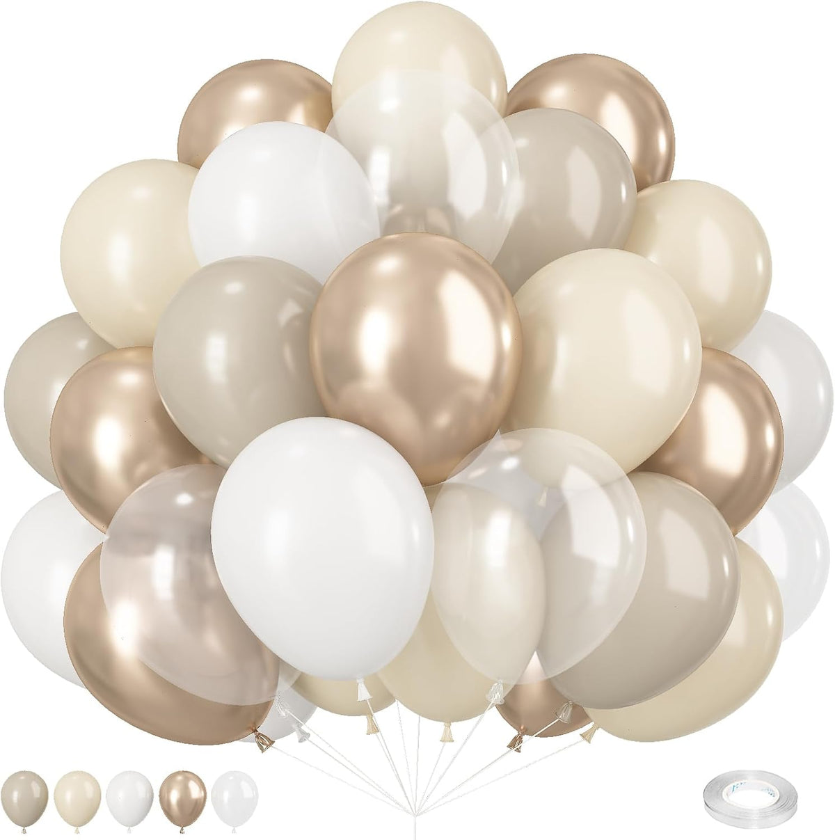 Beige White Gold Balloons, 60PCS Nude Metallic Champagne Gold Cream White Clear Balloon Ivory White