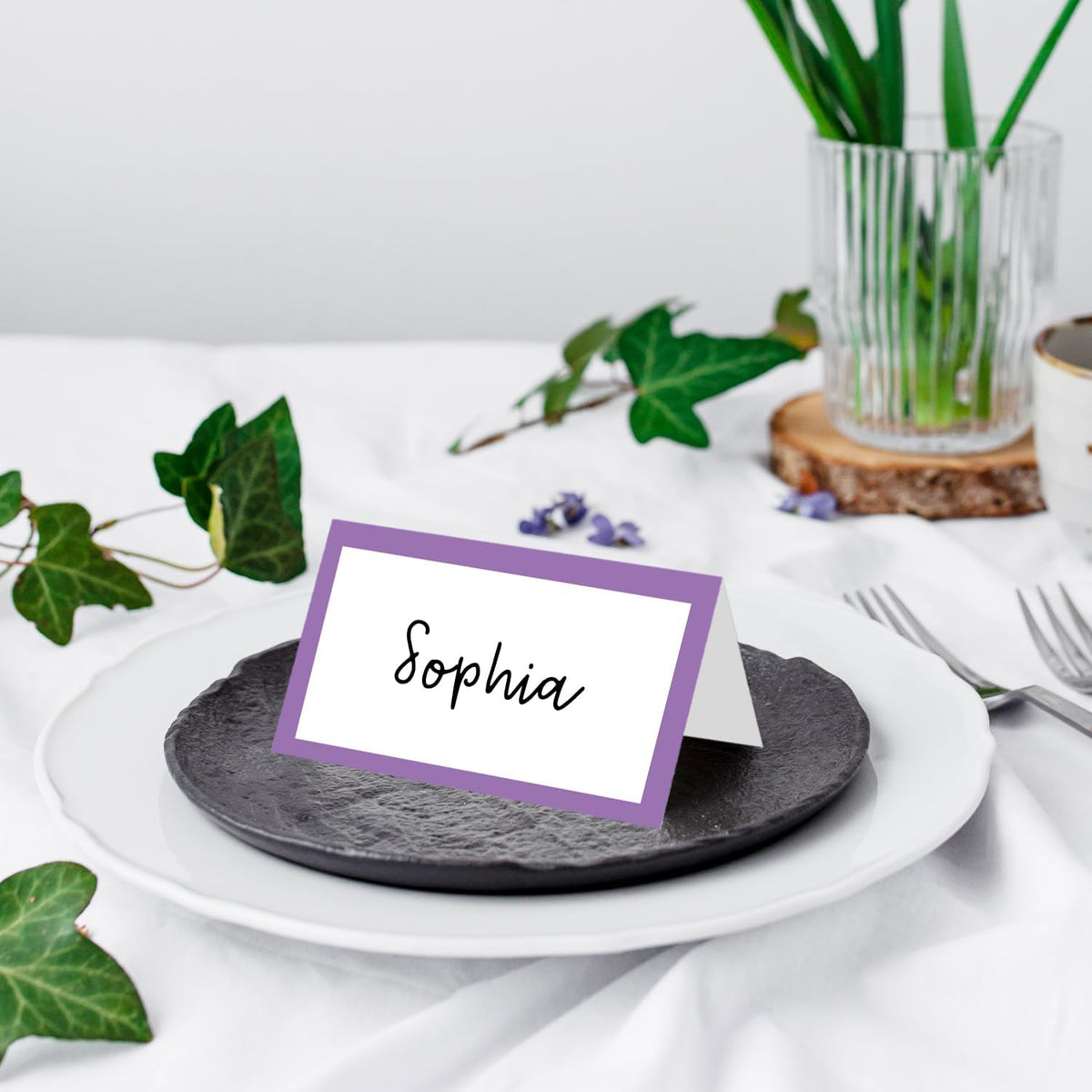 25 Pack Purple Border Place Cards, Editable Name Cards for Table Setting, Tent Cards Food Label for