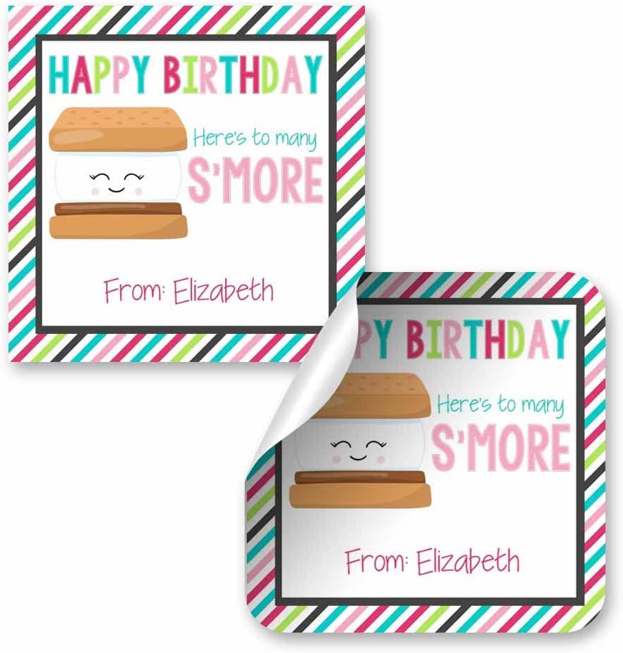 Custom & Personalized Many S'More Happy Birthday Gift Tag Sticker Labels, 24 2.5" Square Stickers