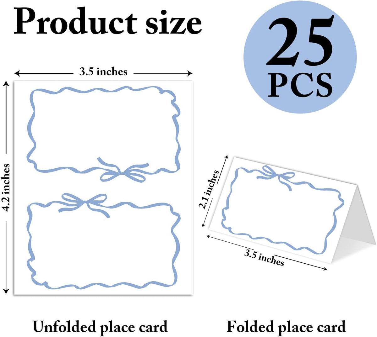 25 Pack Blue Bow Wave Place Cards, Editable Name Cards for Table Setting, Tent Cards Food Label for