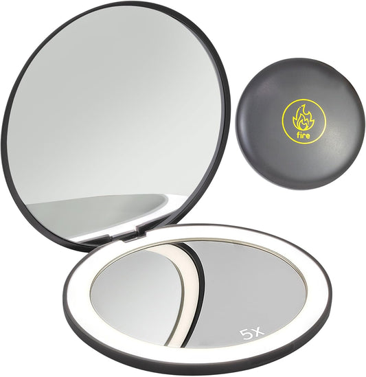 LanJo Lighted Compact Mirror with 1X/5X Magnification, Stepless Dimming & 3 Adjustable Light