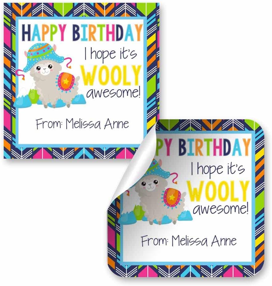 Custom & Personalized Wooly Awesome Alpaca Happy Birthday Gift Tag Sticker Labels, 24 2.5" Square