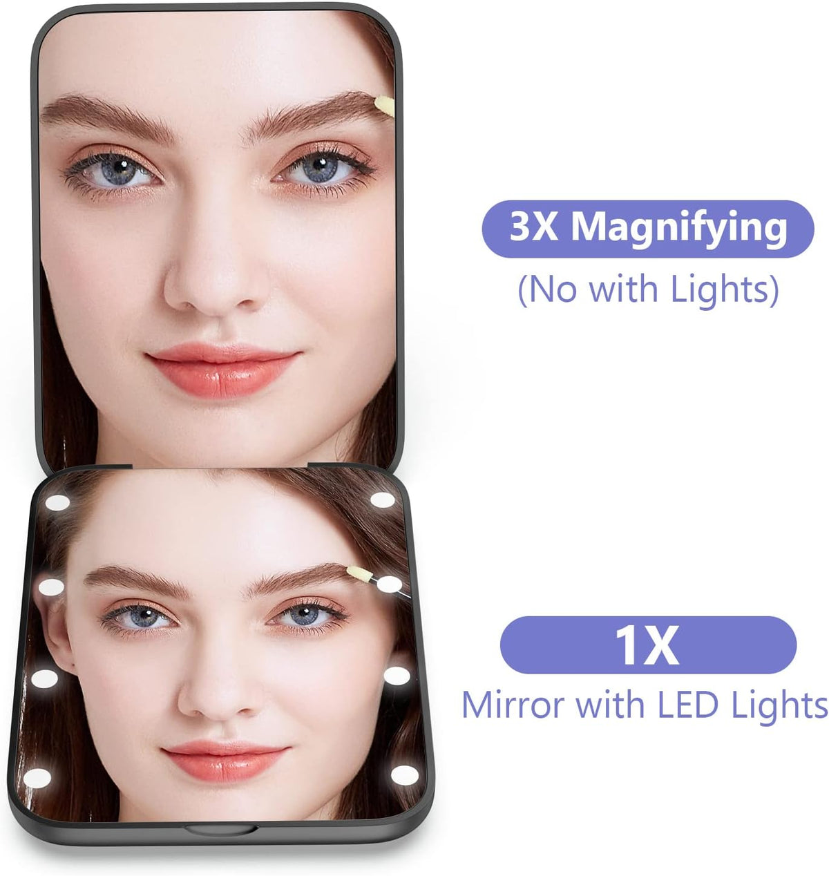wobsion Small Mirror with Lights,LED Compact Makeup Mirror,1x/3x Mini Travel Mirror with