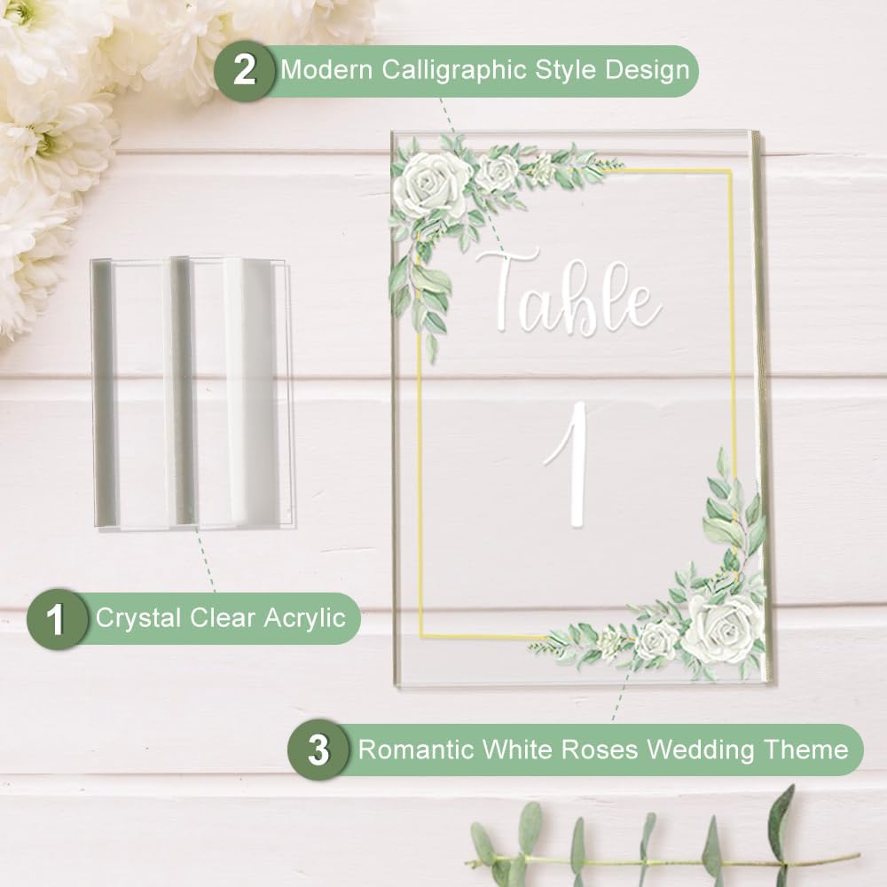 OurWarm White Rose Acrylic Wedding Table Numbers 1-20, 4x6 Inch Printed Calligraphy Table Number
