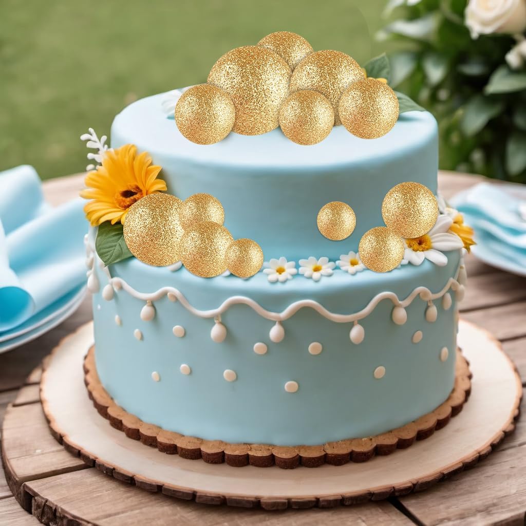 ASTARON 20 Pcs Mini Balloons Cake Topper Sticks - Glitter Gold Ball Picks for Christmas Birthday