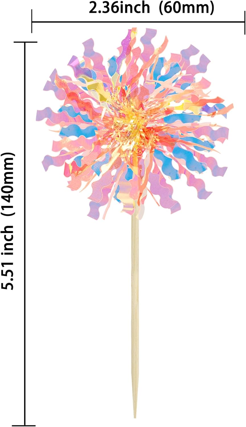 Ephlyn 30Pcs Foil Firework Cupcake Toppers Happy Birthday Cake Toppers Tinsel Flower Drink Stirrers