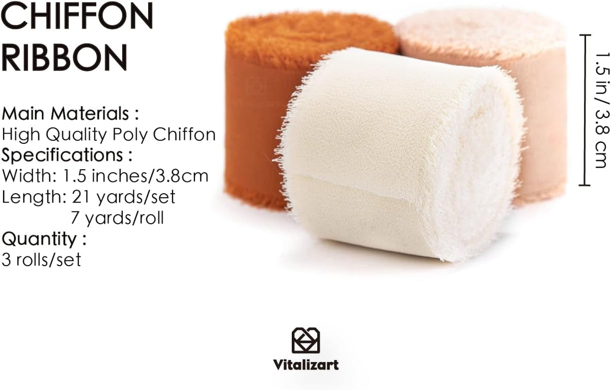 Vitalizart Fall Handmade Chiffon Silk Ribbon Fringe 1.5" x 21 Yd Terracotta Cream Frayed Edges