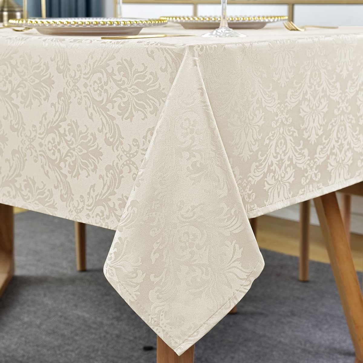 SASTYBALE Jacquard Tablecloth Rectangle 60 x 120 Inch Beige, Spill Proof Stain Resistant Damask
