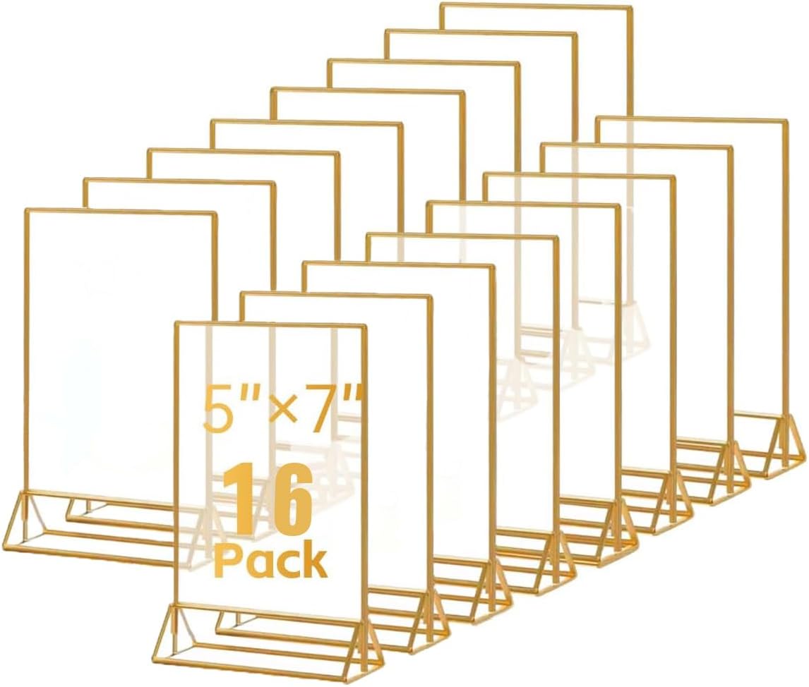 16 Pack Gold Acrylic Sign Holder, 5x7 Inch Picture Frames Wedding Double Sided Display Clear Sign